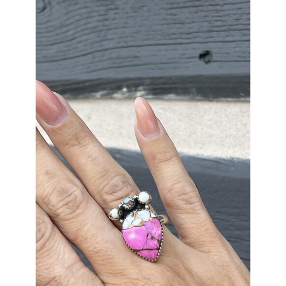 STERLING SILVER NATIVE SW COTTON CANDY TURQUOISE CLUSTER RING .925 Adjusts 7-9 - Picture 12 of 12